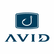 Logo of Avid Carp, featuring a stylized fish hook inside a rectangle above the word AVID in bold, dark blue letters with a unique font.