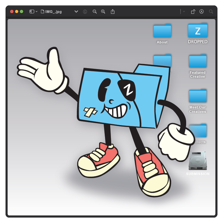 A cartoon character resembling a blue rectangular object with legs, arms, and a smiling face stands in front of a gray background with several blue folder icons on the right side.