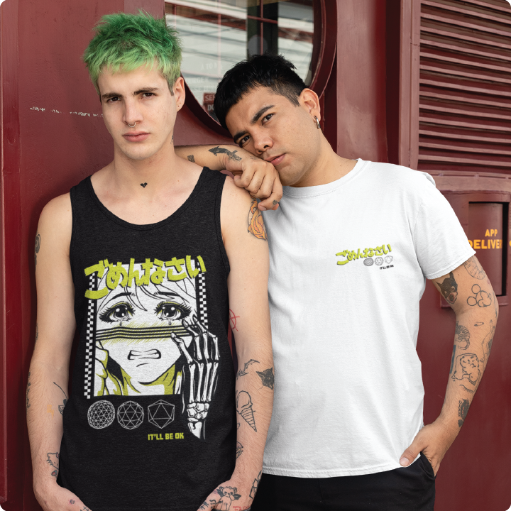 Two people pose confidently. One wears a black tank with a graphic design; the other, a white T-shirt with a similar design. The background features a red wall with a grated panel.