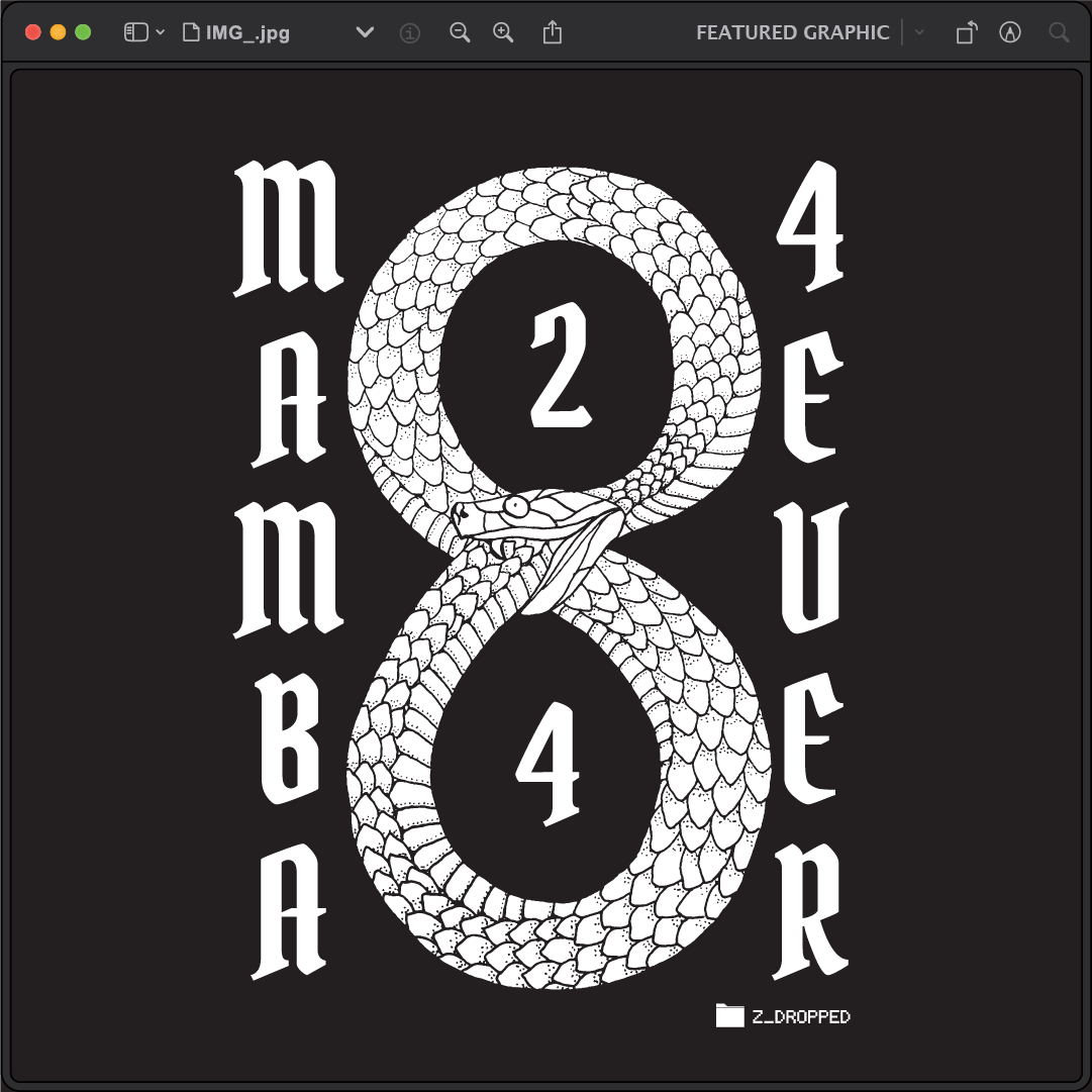 A white snake forming the number 8 with Mamba 4ever and numbers 2 and 4 on a black background.