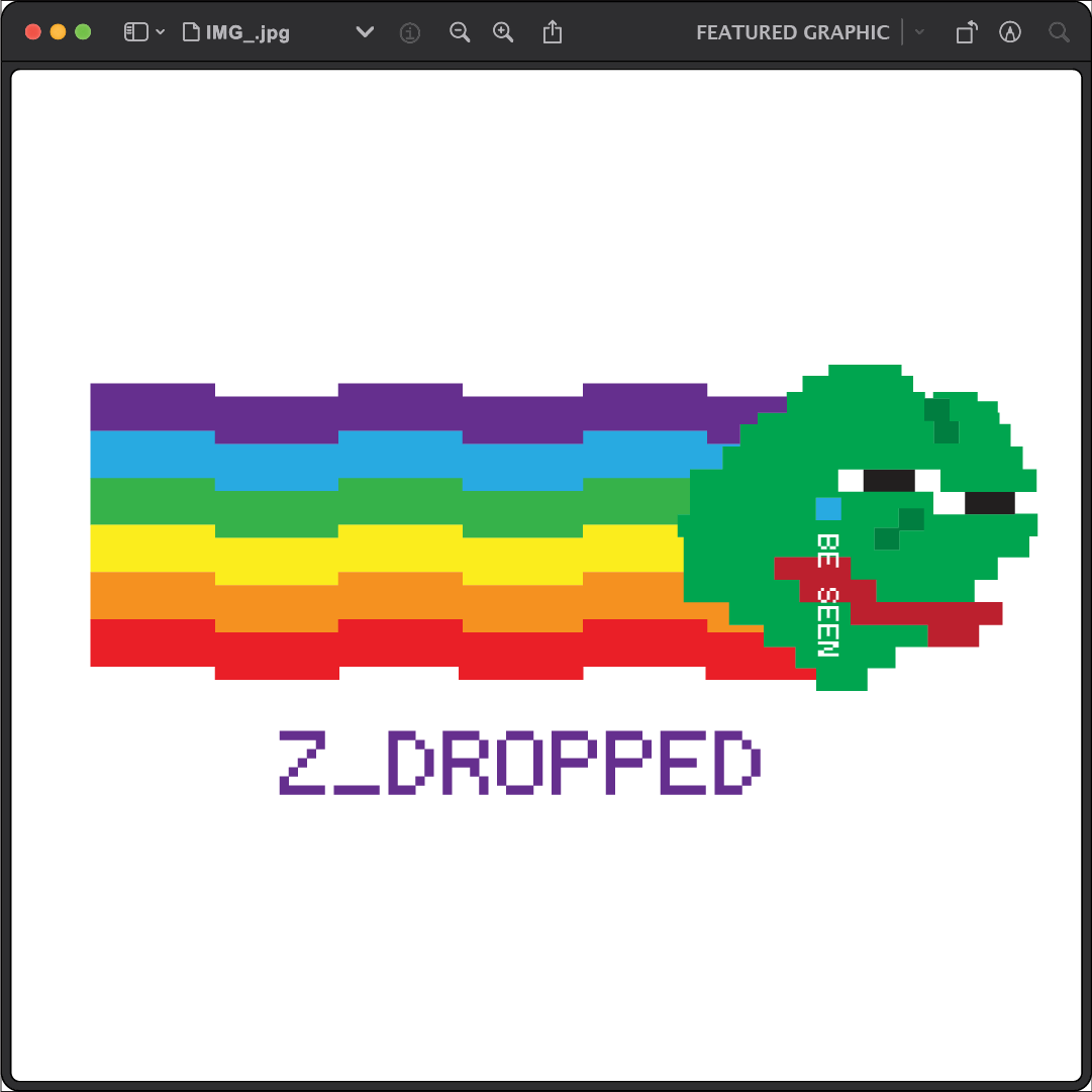 Pixelated rainbow snake with a green face, wearing sunglasses and the text BE SEEN on its side. The text Z_DROPPED is below.