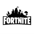 Black and white Fortnite logo with silhouette of trees, buildings, and other shapes above the text.