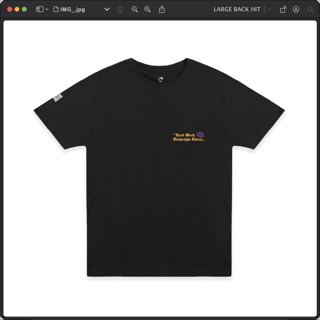 Black T-shirt with small yellow text on the left chest reading Hard Work Overhype Collectn.