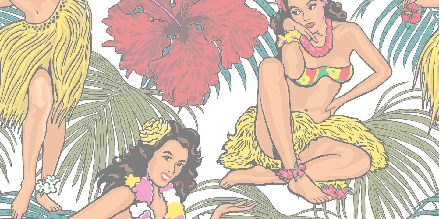 Vintage illustration of women in Hawaiian outfits with floral leis, surrounded by palm leaves and large red hibiscus flowers.