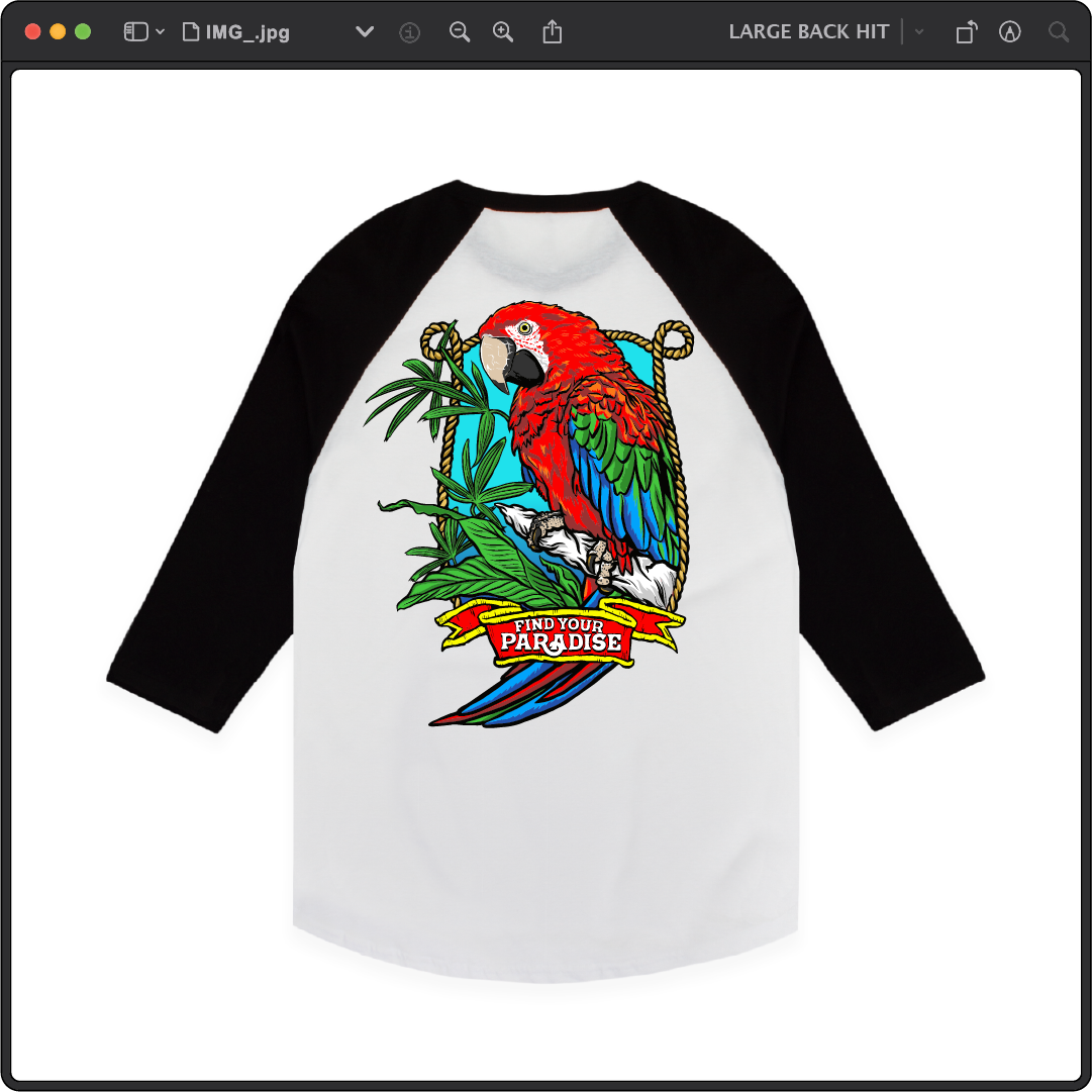 Z_DROPPED - Mens, Unisex - White / Black - Parrot Paradise Raglan. - By: Keith Kuniyuki