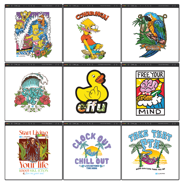 A 3x3 grid of colorful illustrations featuring cartoon characters, tropical themes, motivational text, and whimsical designs.