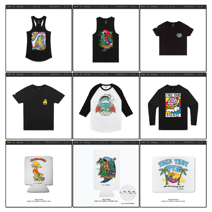 A grid of clothing and accessories featuring colorful, graphic designs with various tropical, ocean, and bird themes on tank tops, T-shirts, and mouse pads.