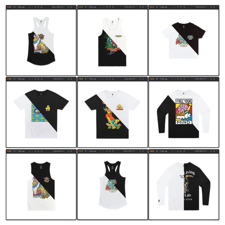 A grid of nine shirts featuring various colorful designs and patterns, each with distinct graphics and text on black, white, or mixed backgrounds.