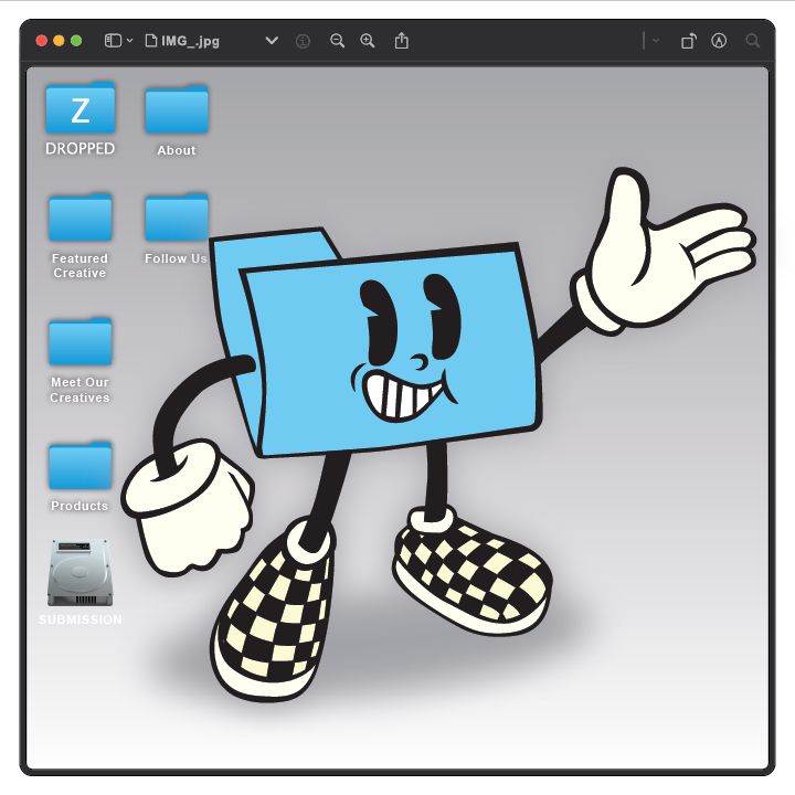 A cartoon blue folder with a smiling face, arms, and legs appears on a desktop screen beside several blue folder icons and a hard drive icon labeled SUBMISSION.