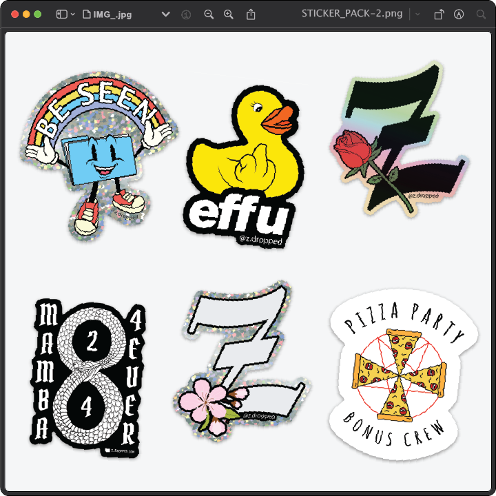 A sticker pack including a smiling TV, a duck, a rose, a Mamba 24 forever design, a Z with flowers, and a pizza with Pizza Party Bonus Crew text.