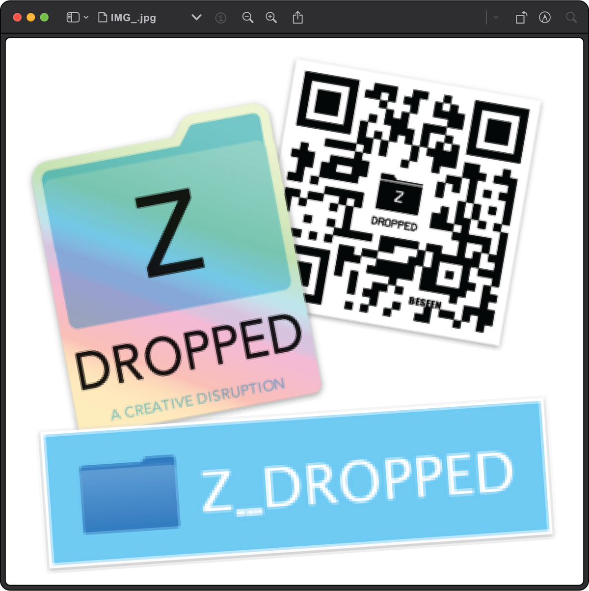 A pastel-colored folder icon overlaid with the text Z Dropped: A Creative Disruption, alongside a QR code labeled Z Dropped and a horizontal blue label with Z_DROPPED in digital text.