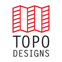 Logo of Topo Designs featuring a stylized red mountain range above the company name written in black uppercase letters.