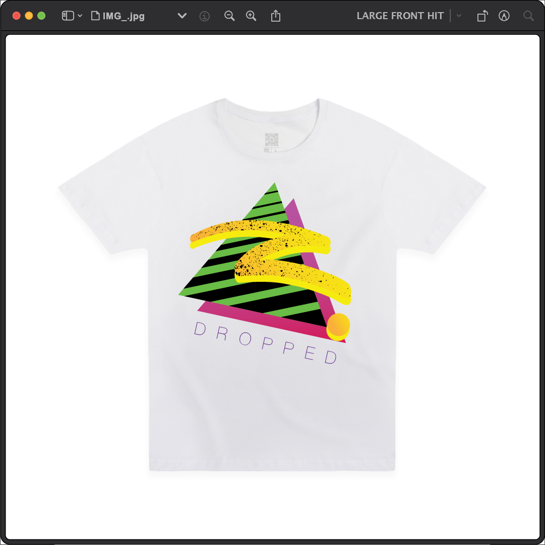 A white T-shirt features a colorful design with a triangle, stripes, and geometric shapes in yellow and green. The word DROPPED is printed below.