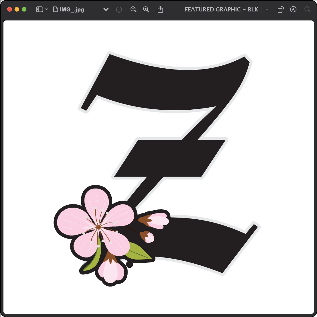 The letter Z in bold black, adorned with pink cherry blossoms at its base.