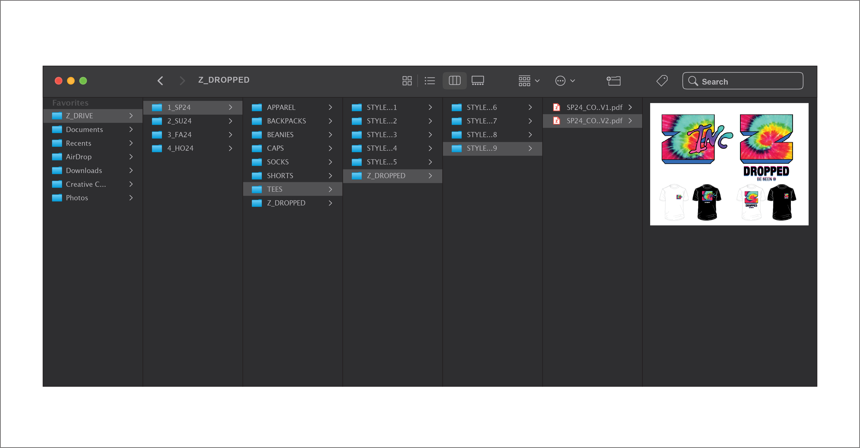 Screenshot of a computer file explorer showing folders labeled with apparel types and styles. A preview of colorful t-shirt designs is visible on the right.