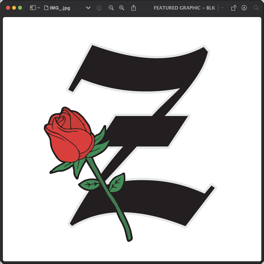 The image features a large, black Z with a red rose crossing diagonally over it, set against a white background.