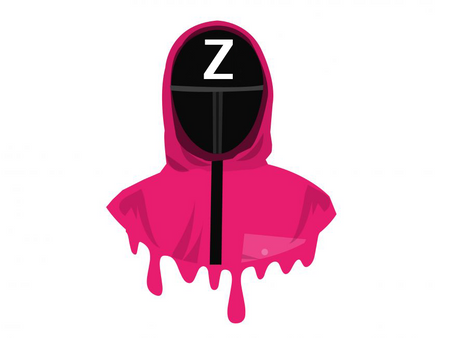 Illustration of a hooded red cloak with a dripping effect and a black face area featuring the letter Z.