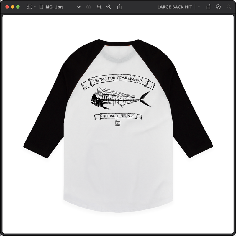 Z_DROPPED - Mens, Unisex - Black / White - Mahi Bones Raglan. - By: Jose Hurtado