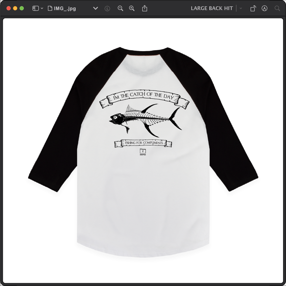 Z_DROPPED - Mens, Unisex - Black / White - Tuna Bones Raglan. - By: Jose Hurtado