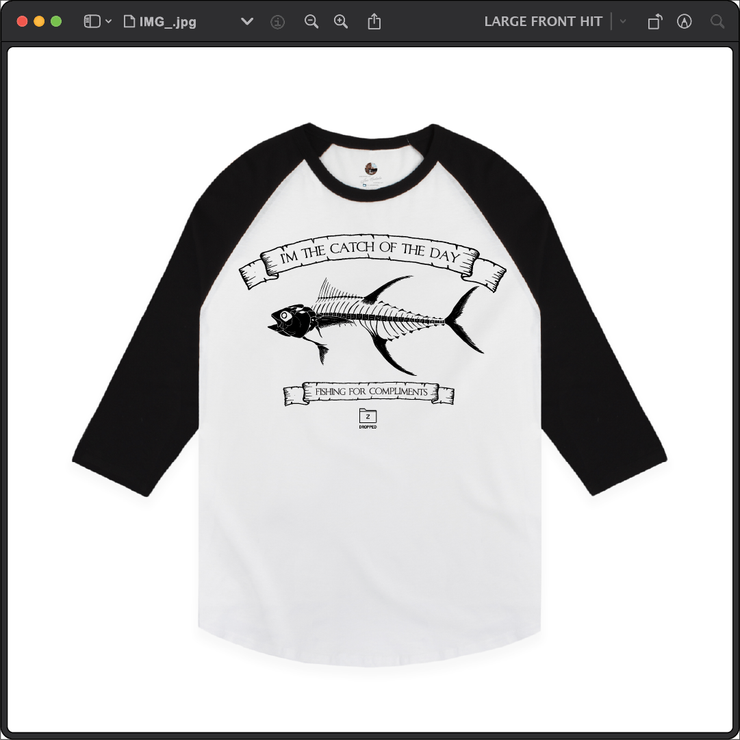 Z_DROPPED - Mens, Unisex - Black / White - Tuna Bones Raglan. - By: Jose Hurtado