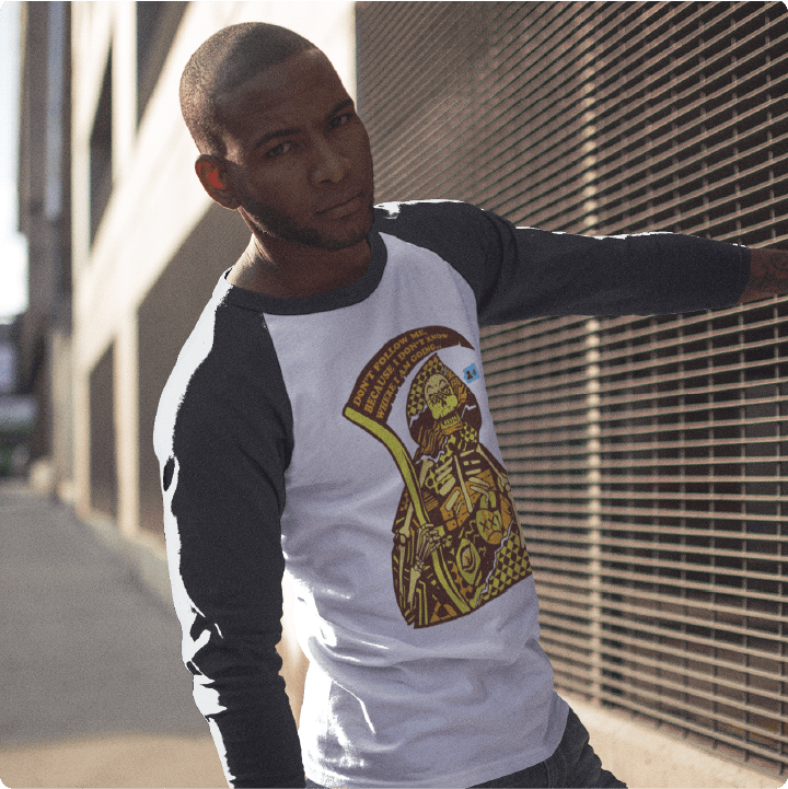 Z_DROPPED - Mens, Unisex - White / Black - Don't Follow Me Raglan. - By: Fredy Santiago