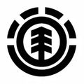 Black circular emblem with a stylized tree at the center, surrounded by segmented arcs.