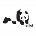 Stylized black and white illustration of a panda with the word enjoi written in lowercase letters beside it.