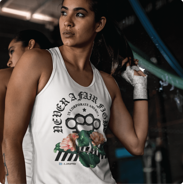 Z_DROPPED - Womens - White - Fair Fight Racer Back Tank. - By: Chi Hom