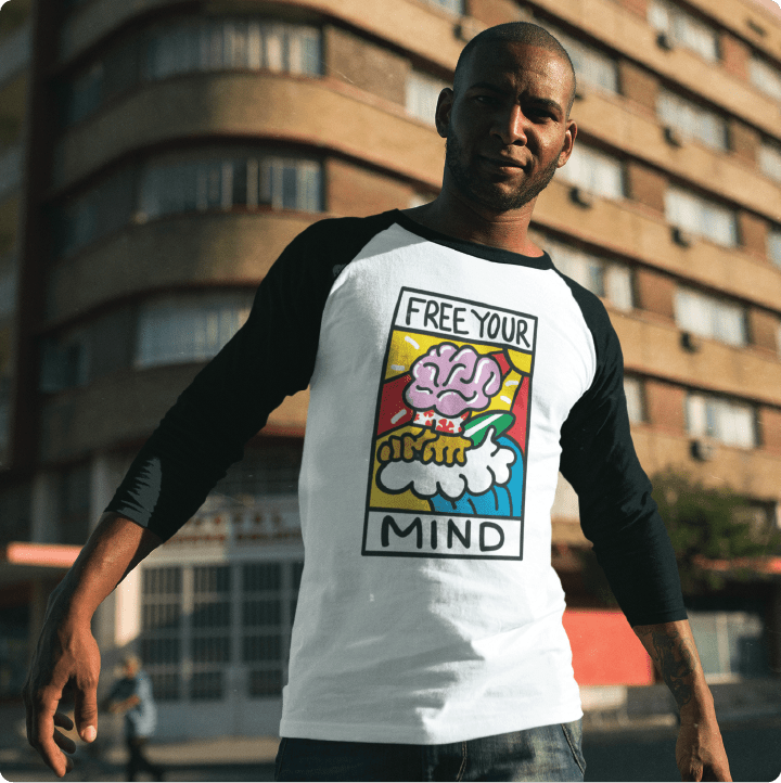 Z_DROPPED - Mens, Unisex - White / Black - Free Your Mind Raglan. - By: Keith Kuniyuki