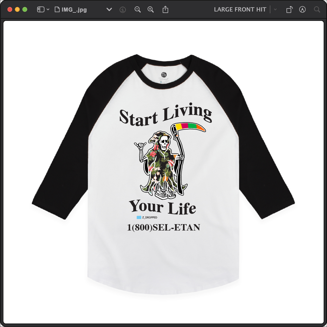 Z_DROPPED - Mens, Unisex - Black / White - Live Your Life Raglan. - By: Keith Kuniyuki