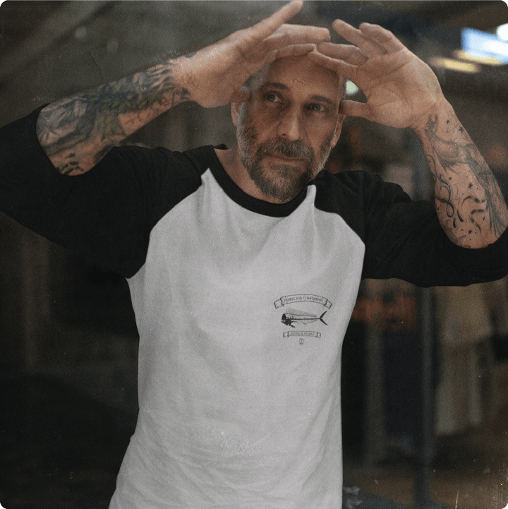 Z_DROPPED - Mens, Unisex - Black / White - Mahi Bones Raglan. - By: Jose Hurtado