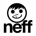 Black and white Neff logo with a stylized face above the text neff. The face has a playful expression, featuring a tongue sticking out.