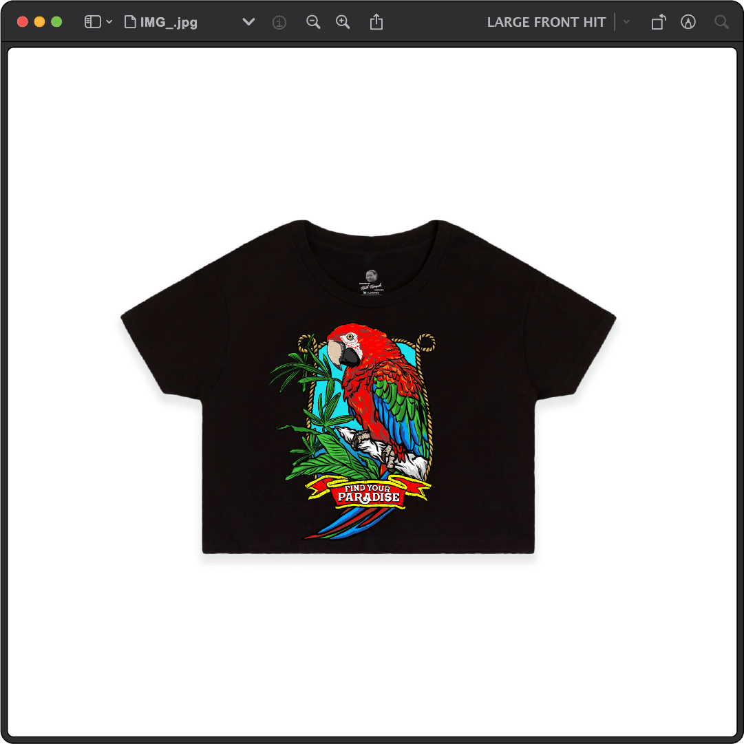 Z_DROPPED - Womens - Black - Parrot Paradise Crop Top. - By: Keith Kuniyuki