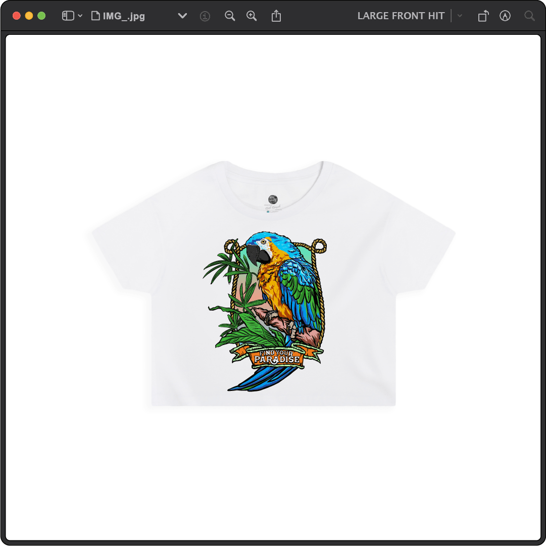 Z_DROPPED - Womens - White - Parrot Paradise Crop Top. - By: Keith Kuniyuki