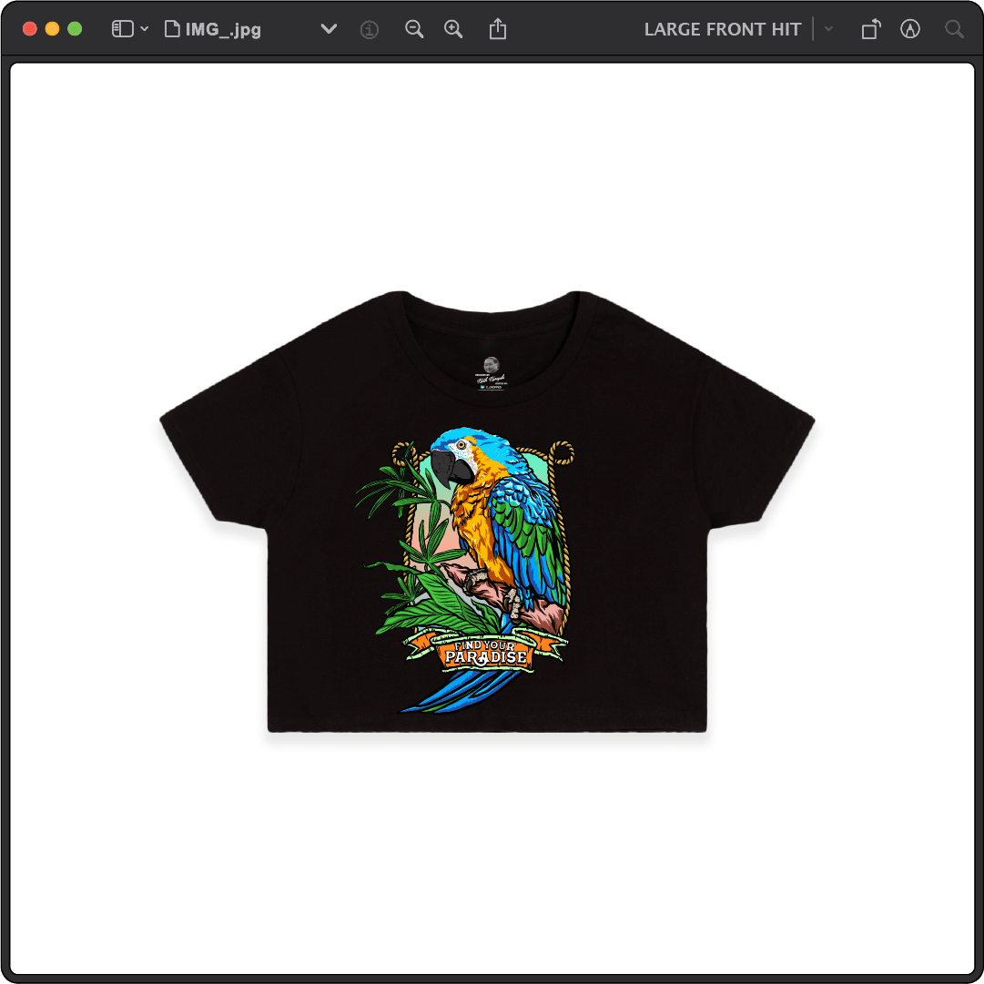 Z_DROPPED - Womens - Black - Parrot Paradise Crop Top. - By: Keith Kuniyuki