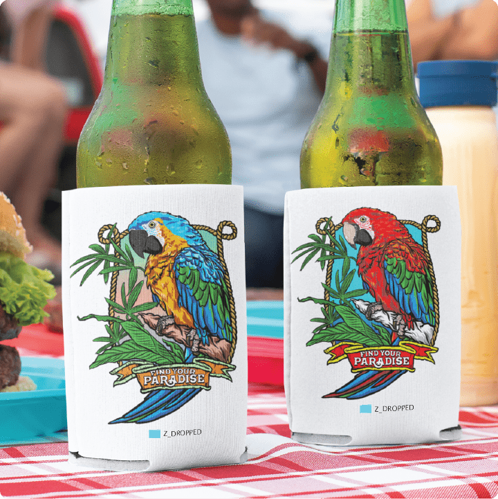 Z_DROPPED - Mens, Unisex - Regular - Parrot Paradise Koozie. - By: Keith Kuniyuki