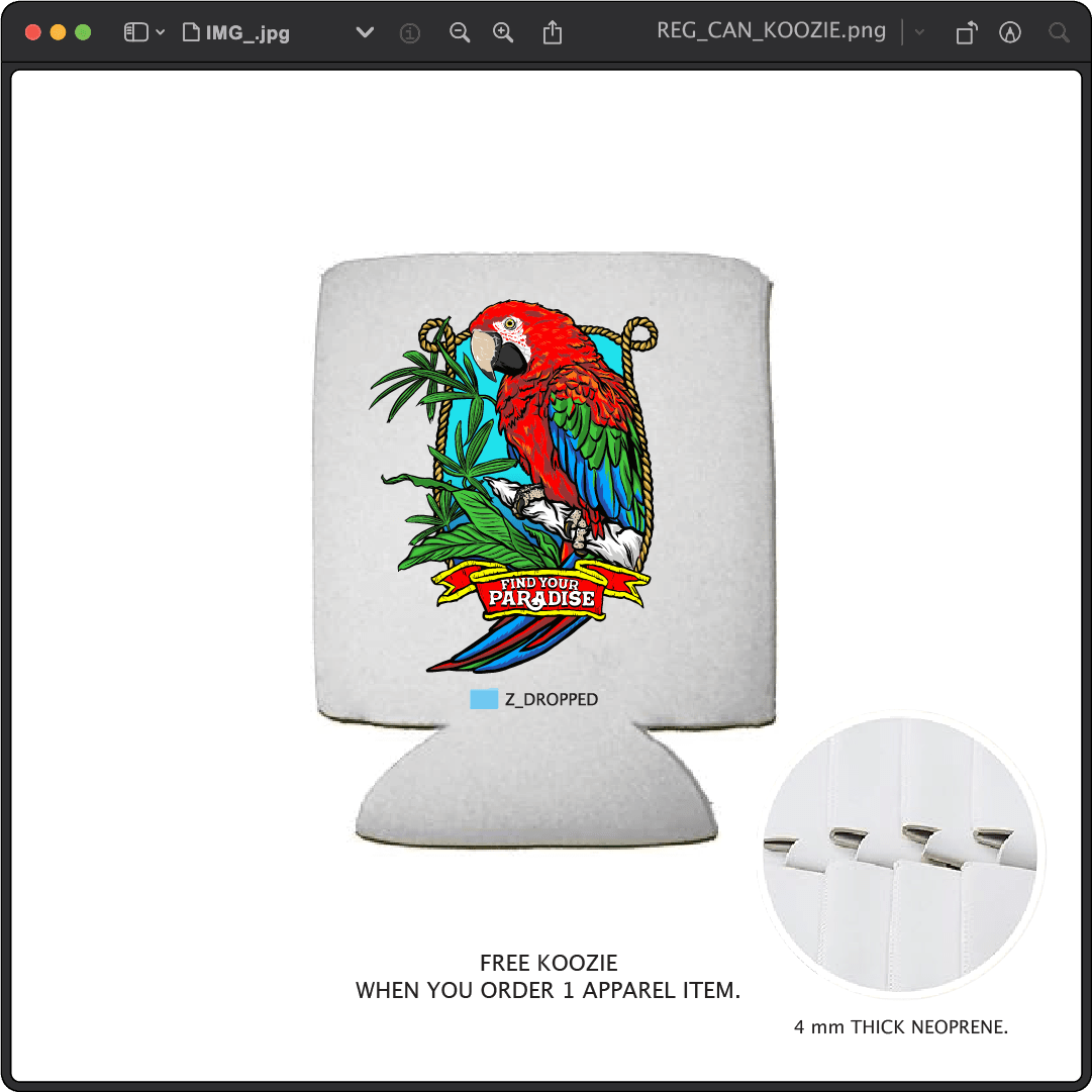 Z_DROPPED - Mens, Unisex - Regular - Parrot Paradise Koozie. - By: Keith Kuniyuki