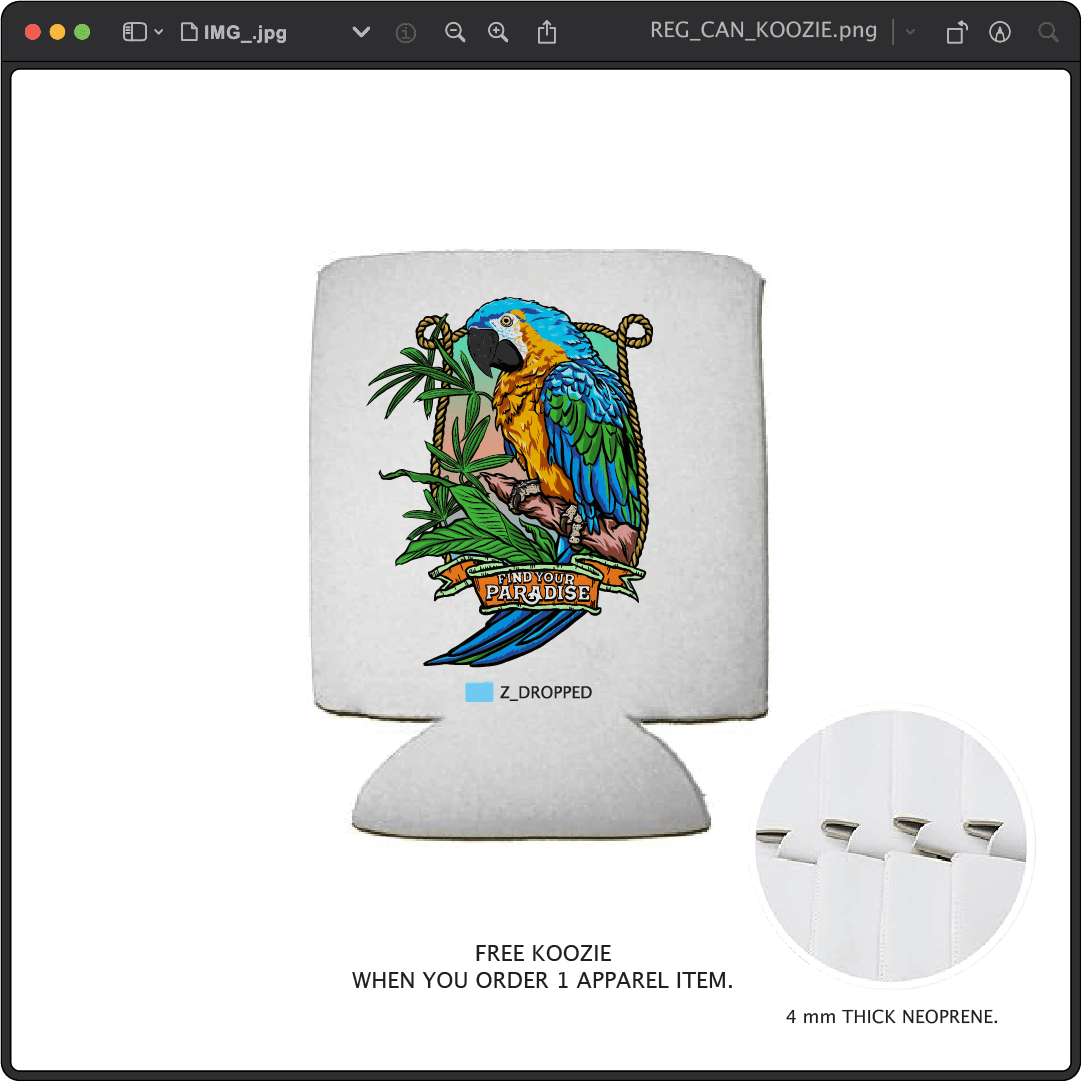 Z_DROPPED - Mens, Unisex - Regular - Parrot Paradise Koozie. - By: Keith Kuniyuki