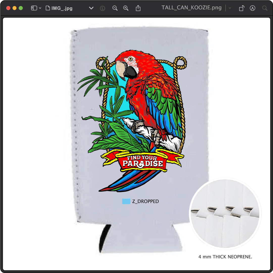 Z_DROPPED - Mens, Unisex - Tall - Parrot Paradise Koozie. - By: Keith Kuniyuki