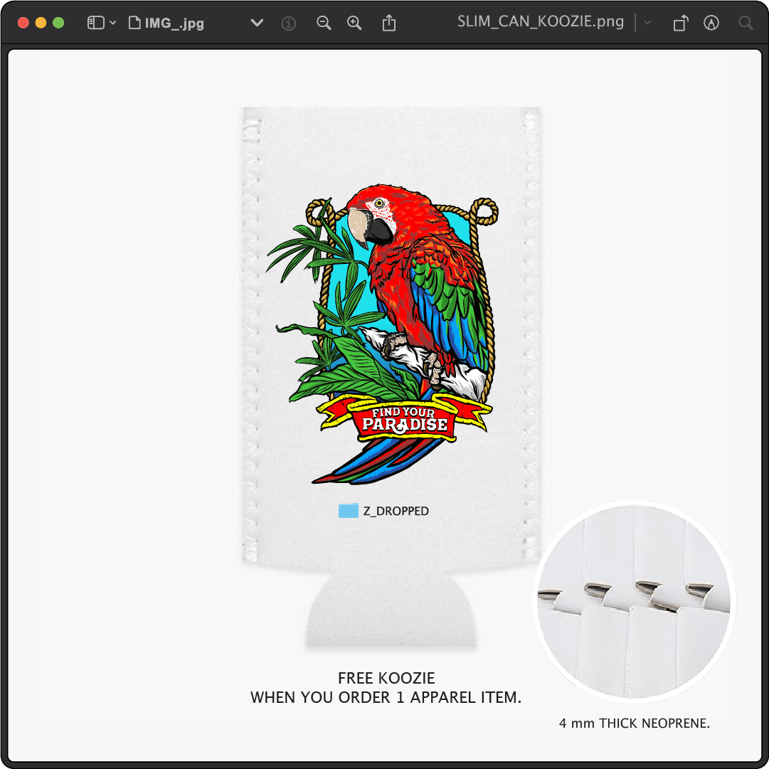 Z_DROPPED - Mens, Unisex - Slim - Parrot Paradise Koozie. - By: Keith Kuniyuki