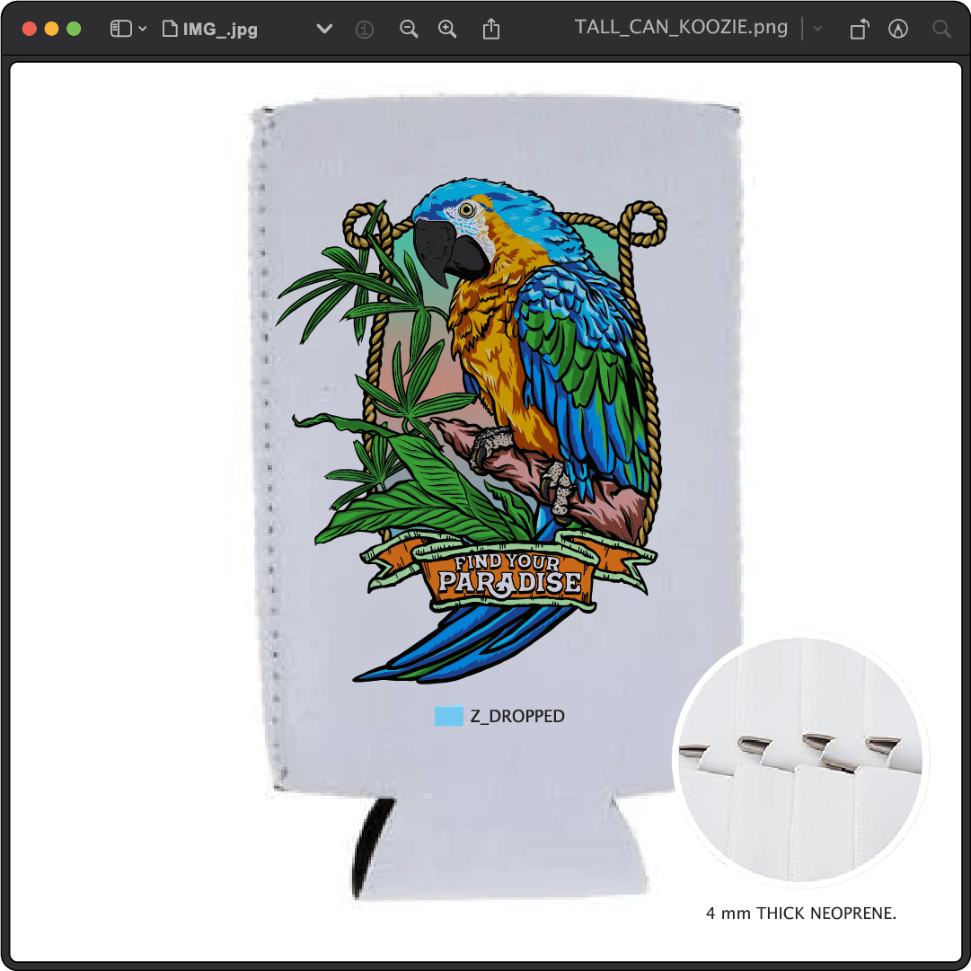 Z_DROPPED - Mens, Unisex - Tall - Parrot Paradise Koozie. - By: Keith Kuniyuki