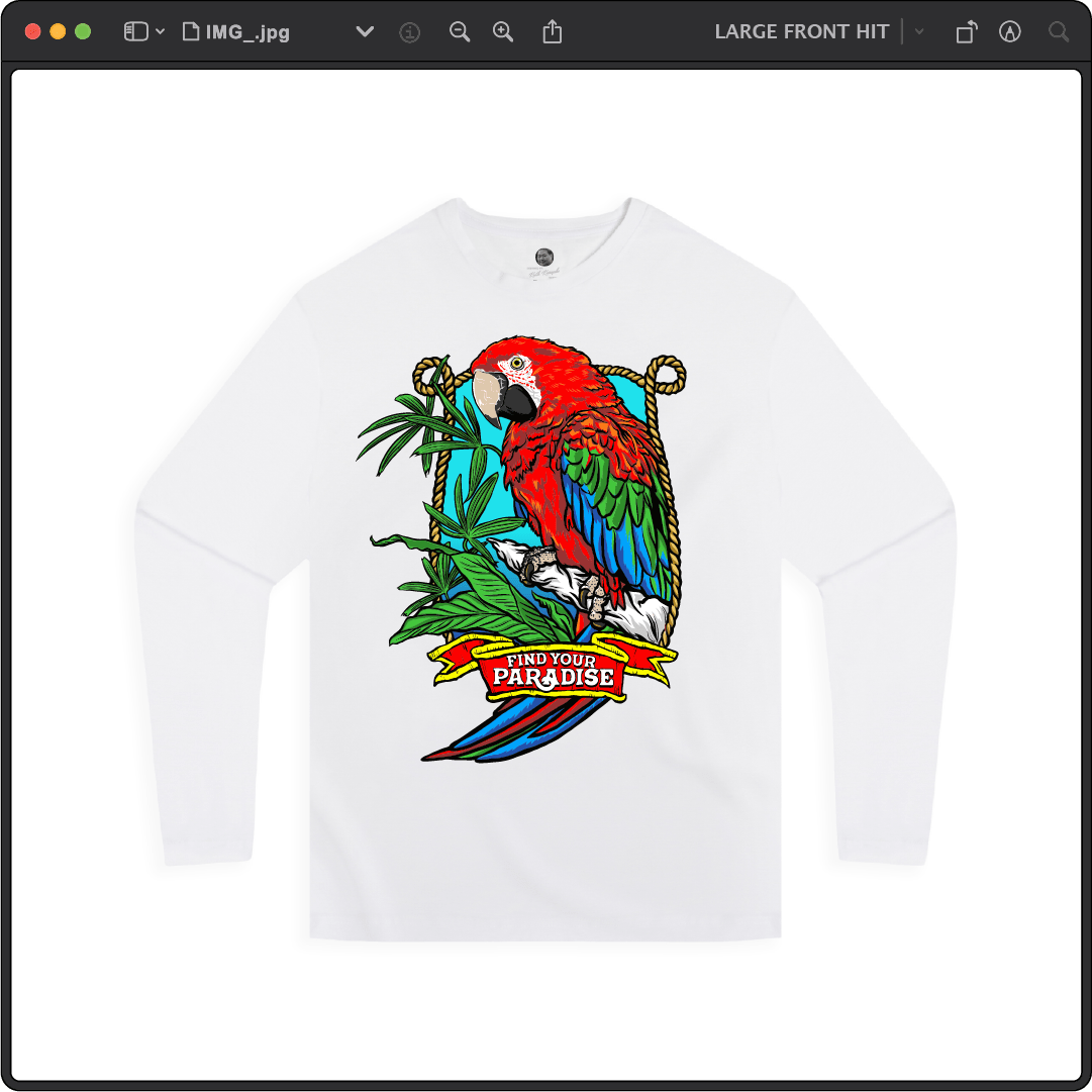 Z_DROPPED - Mens, Unisex - White - Parrot Paradise Long Sleeve. - By: Keith Kuniyuki