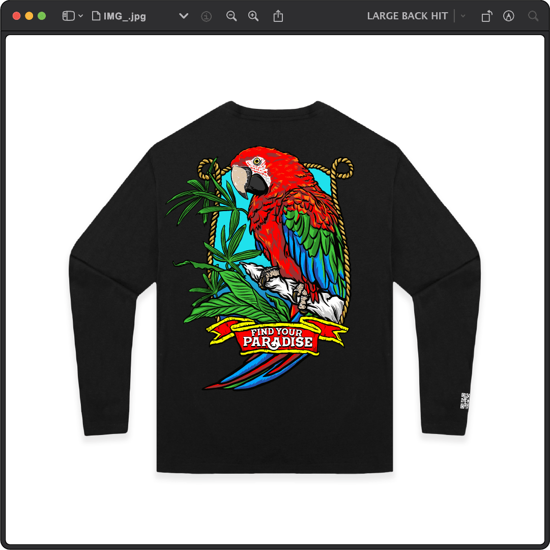 Z_DROPPED - Mens, Unisex - Black - Parrot Paradise Long Sleeve. - By: Keith Kuniyuki