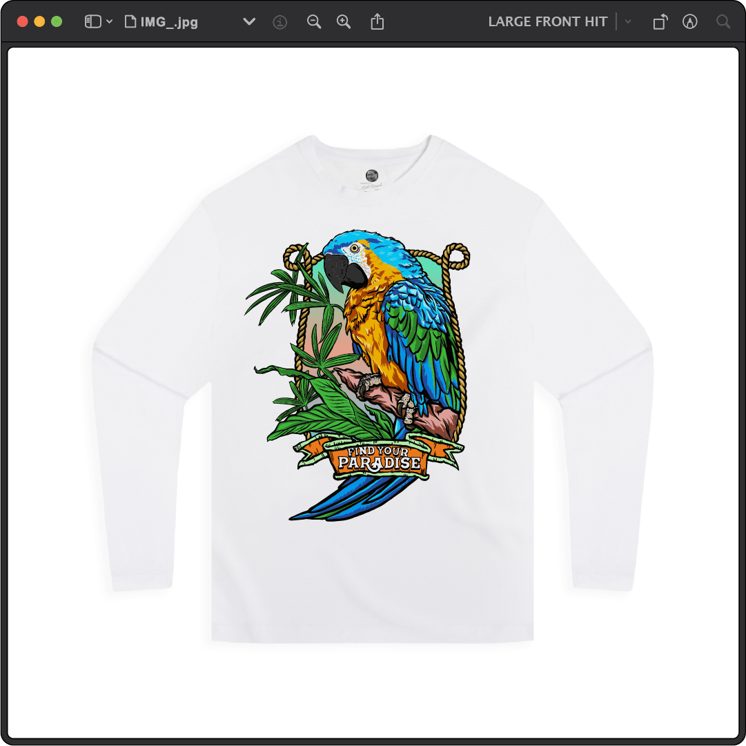 Z_DROPPED - Mens, Unisex - White - Parrot Paradise Long Sleeve. - By: Keith Kuniyuki