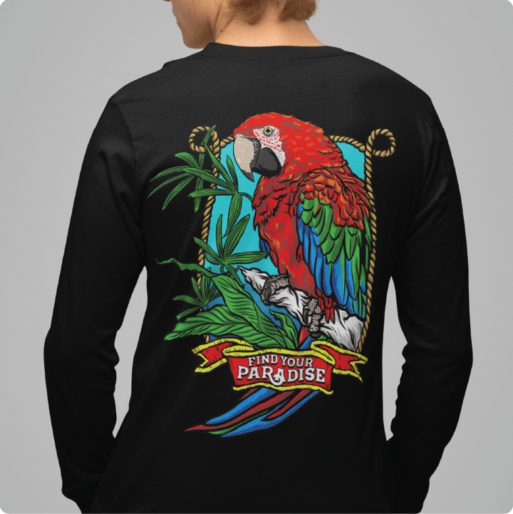 Z_DROPPED - Mens, Unisex - Black - Parrot Paradise Long Sleeve. - By: Keith Kuniyuki