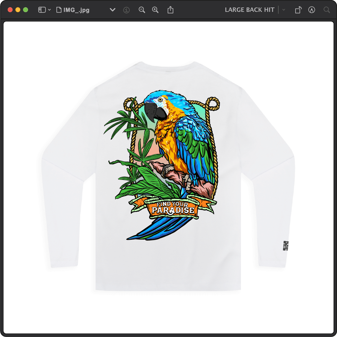 Z_DROPPED - Mens, Unisex - White - Parrot Paradise Long Sleeve. - By: Keith Kuniyuki