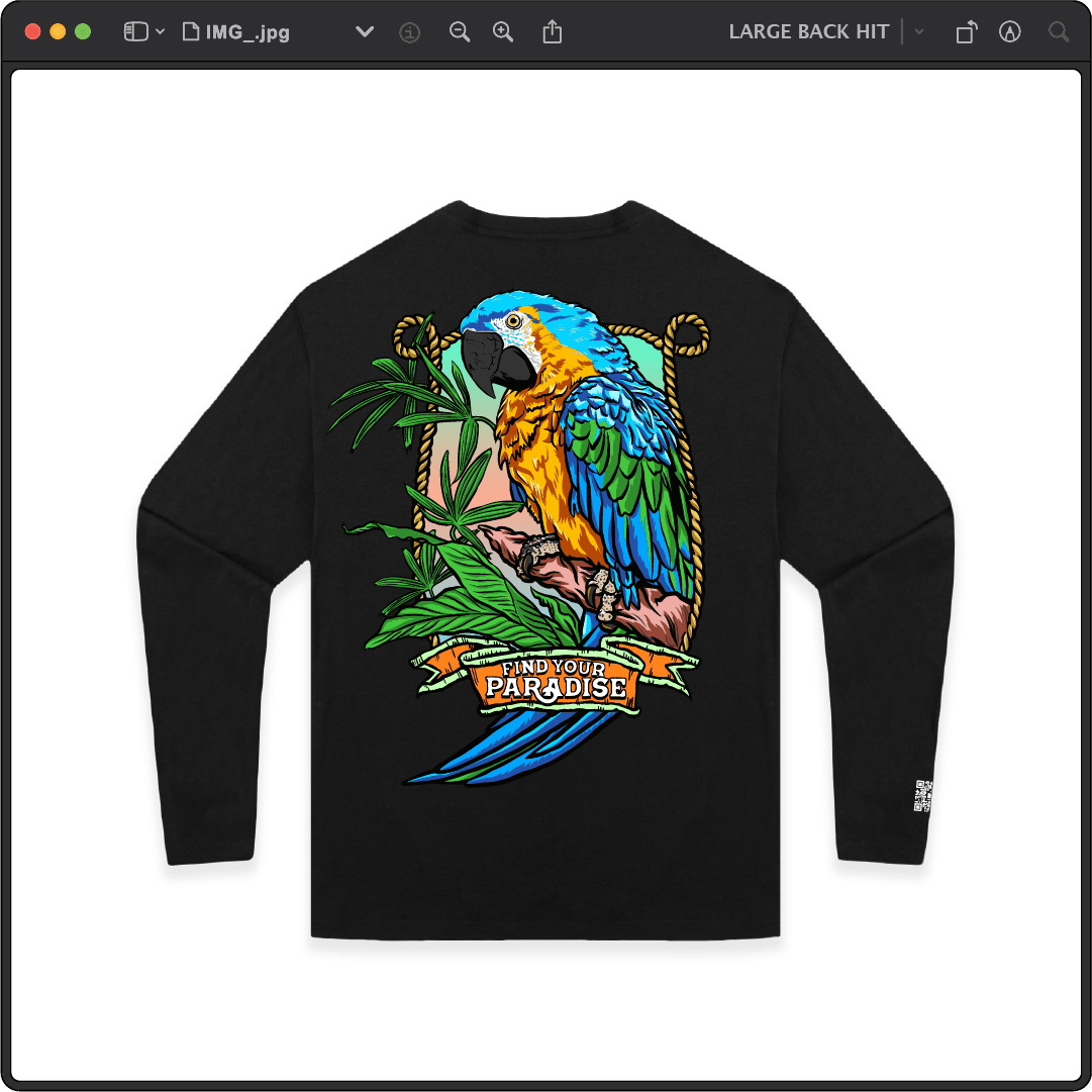 Z_DROPPED - Mens, Unisex - Black - Parrot Paradise Long Sleeve. - By: Keith Kuniyuki