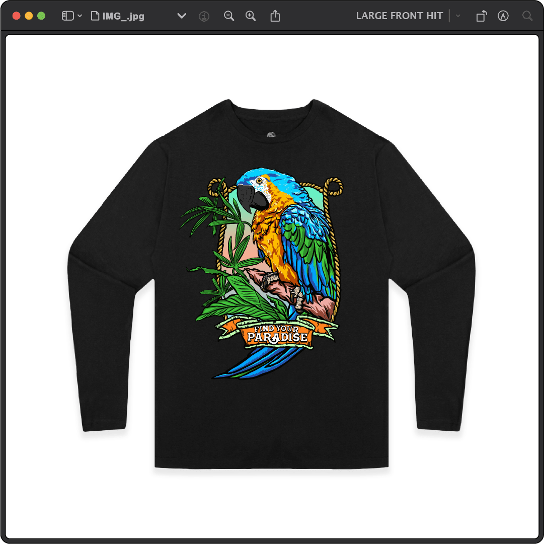 Z_DROPPED - Mens, Unisex - Black - Parrot Paradise Long Sleeve. - By: Keith Kuniyuki