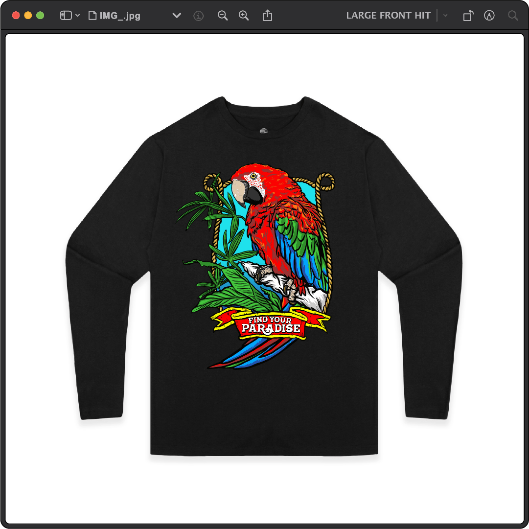 Z_DROPPED - Mens, Unisex - Black - Parrot Paradise Long Sleeve. - By: Keith Kuniyuki