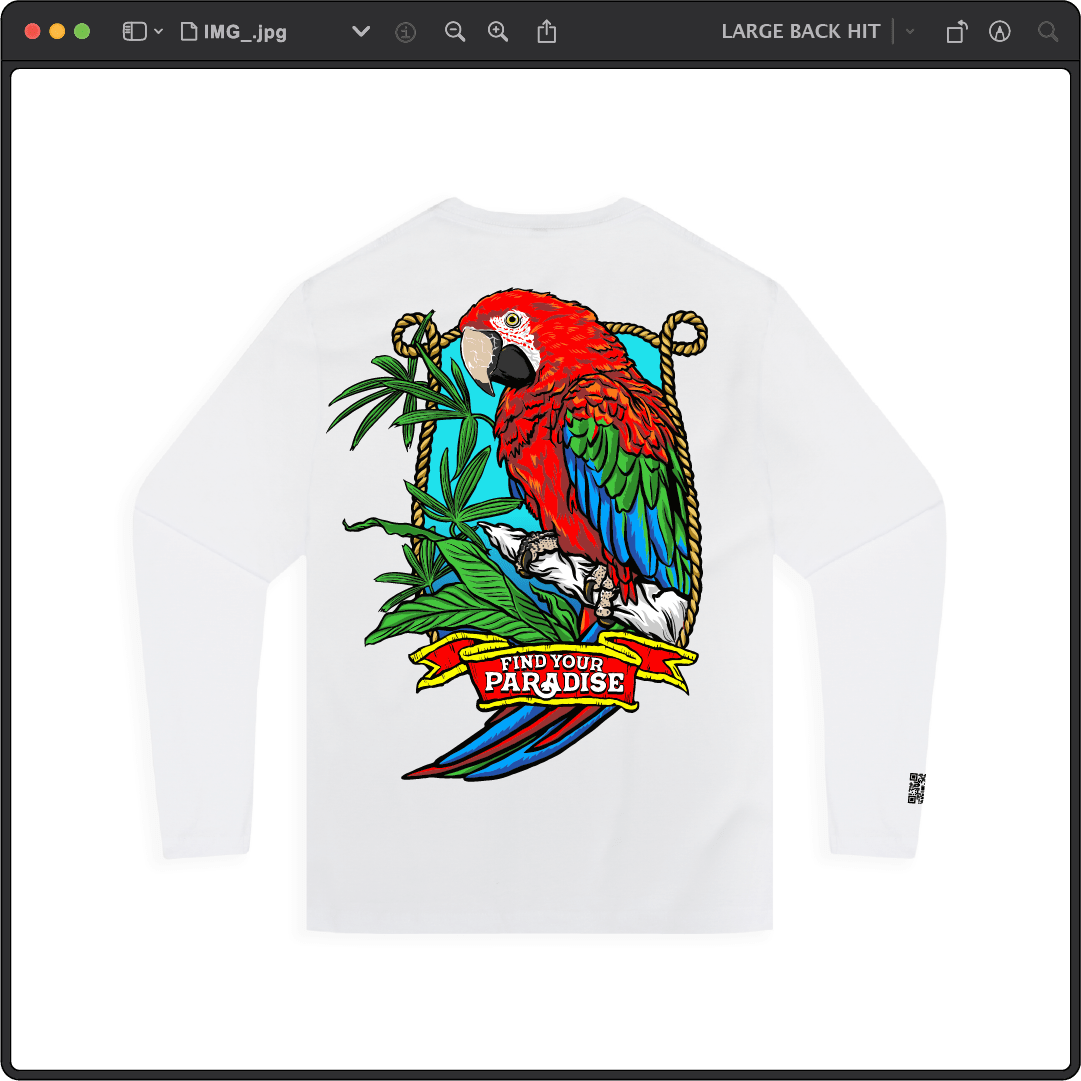 Z_DROPPED - Mens, Unisex - White - Parrot Paradise Long Sleeve. - By: Keith Kuniyuki